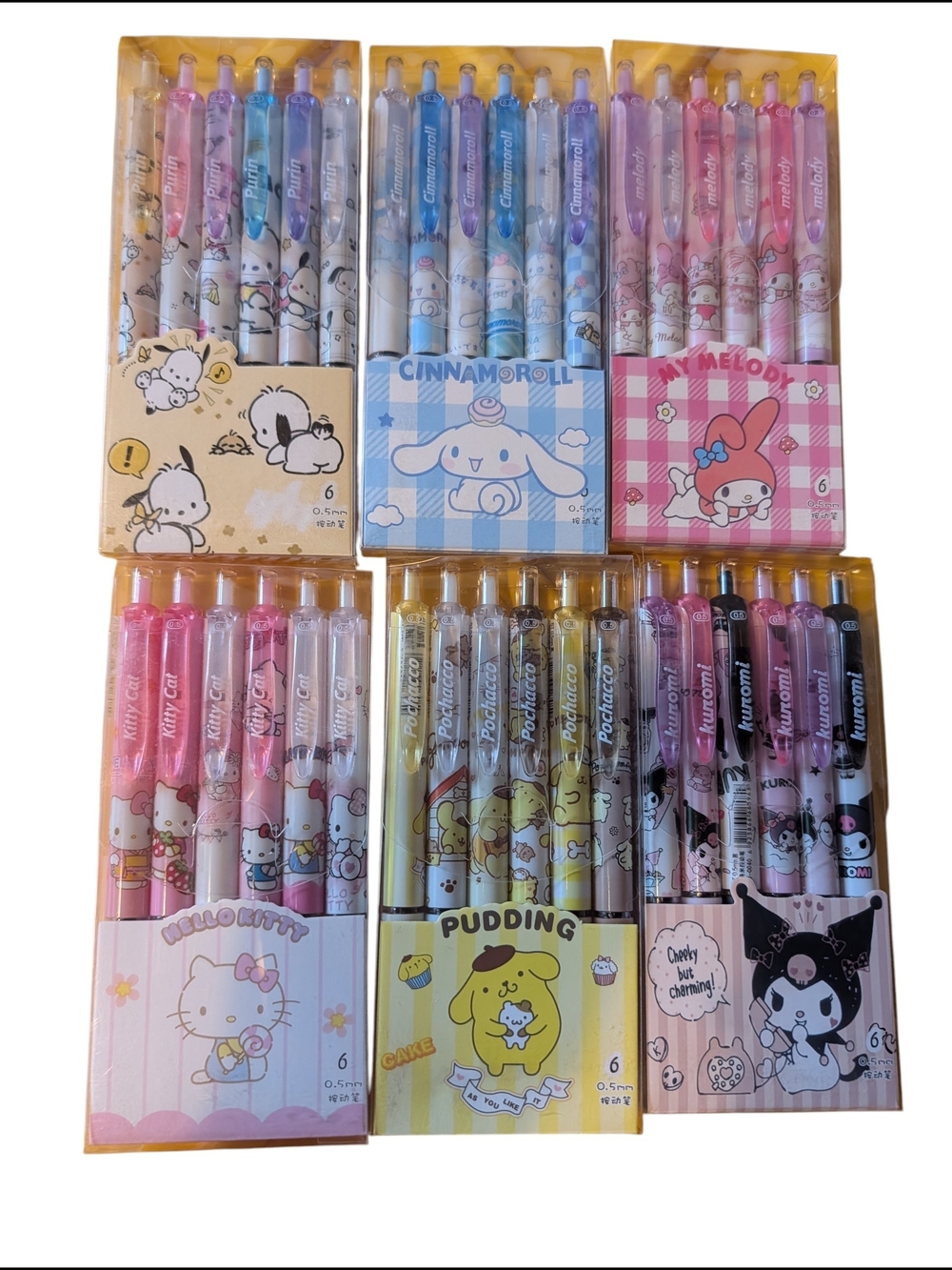 Sanrio Pastel Character Gel Pen Packs — Pink, Blue, Yellow, Purple, Black